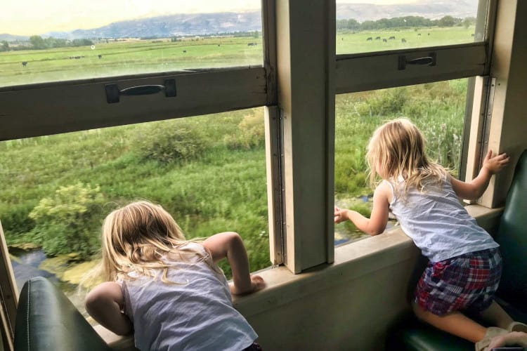 Two girls looking out train windows