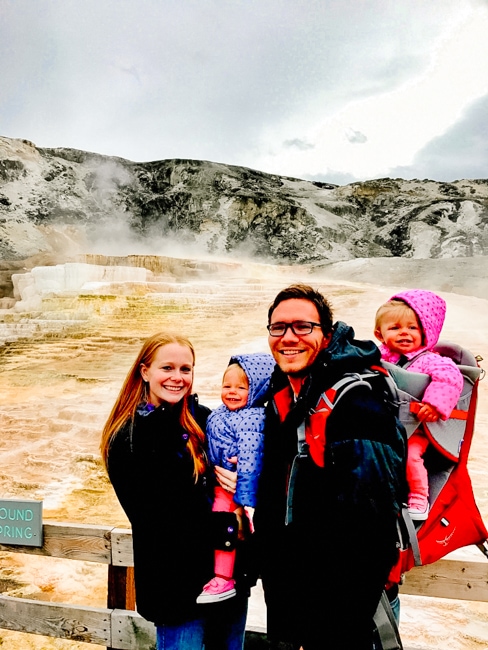 Family at Mammoth Hot Springs in Yellowstone