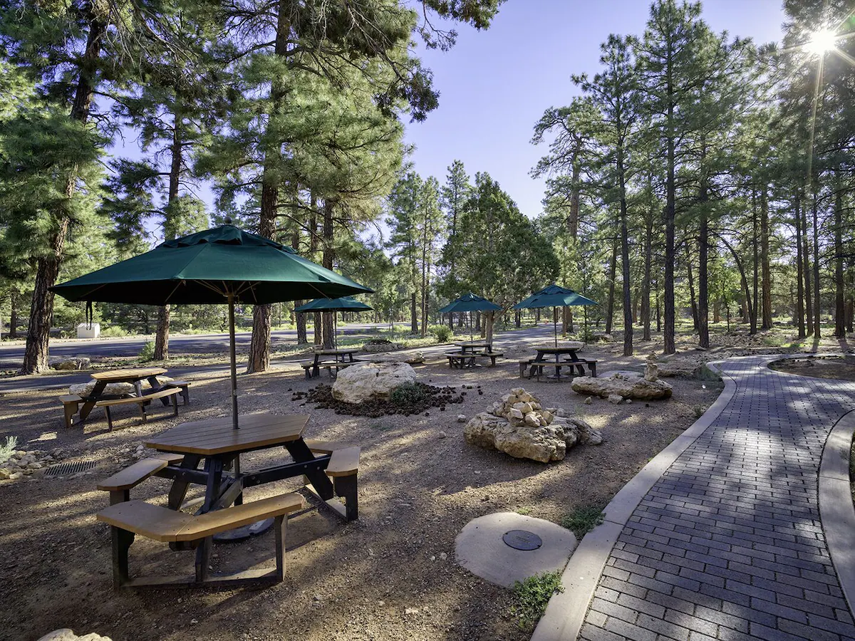 Outdoor eating area at Yavapai Lodge, one of the best places to stay near the South Rim Grand Canyon