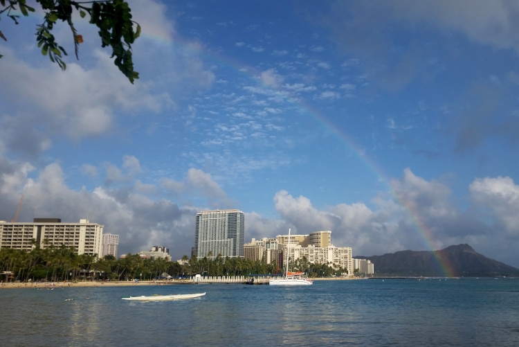 Ocean on Oahu with a rainbow
