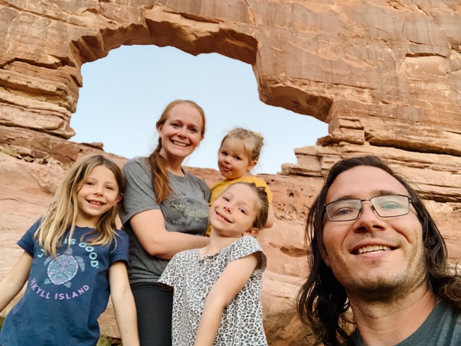 Selfie in Front of Jeep Arch in Moab