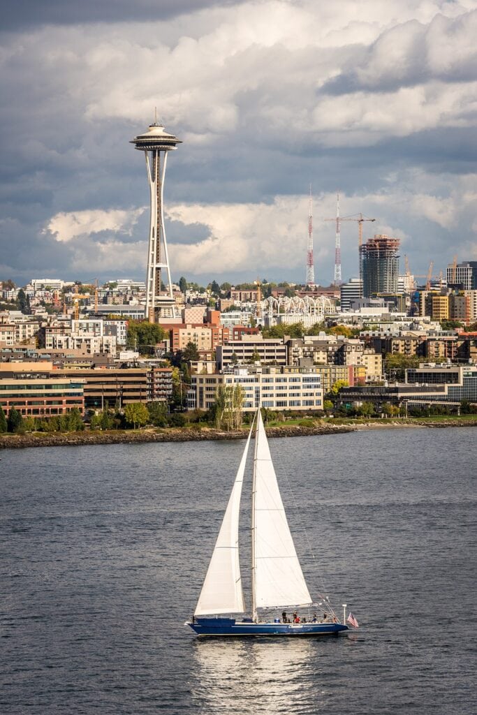 Sail boat in front of the Space Needle in Seattle