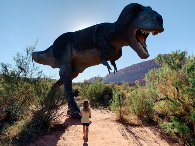 Dinosaur replica at Moab Giants which is on the way into town when driving from Salt Lake City to Arches National Park