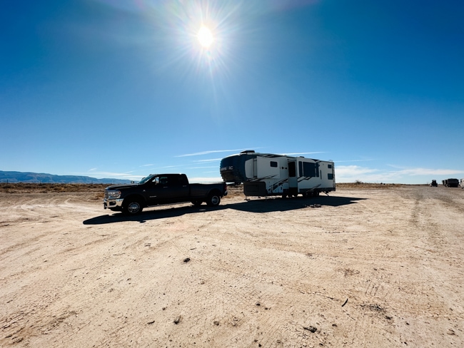 Our camper and truck in New Mexico at a free campsite