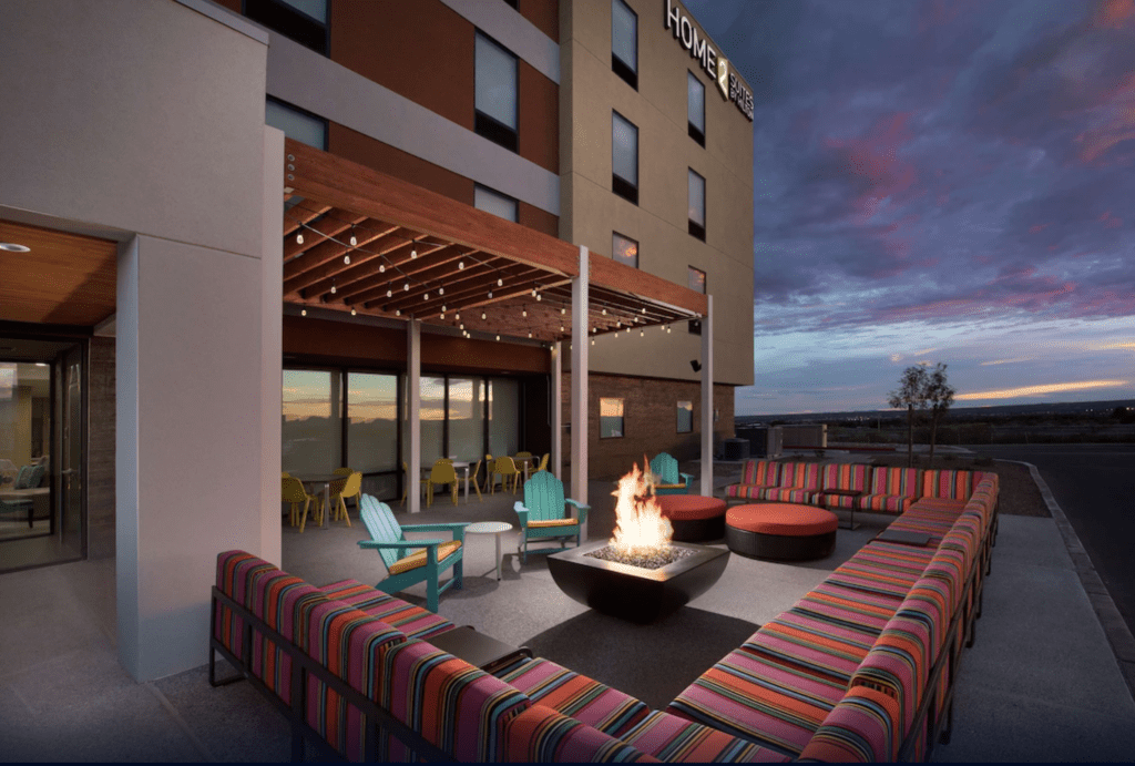 Fire pit and patio area at Home2 Suites Las Cruces, one of the best hotels near White Sands National Park.