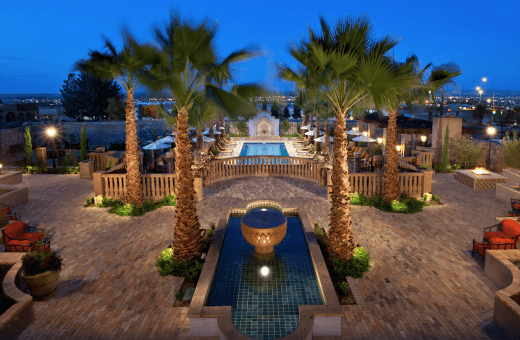 Pool and terrace area at Hotel Encanto de Las Cruces, one of the most beautiful hotels near White Sands National Park.