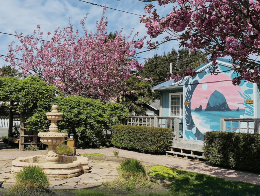 Garden and front entry of Inn at Haystack Rock, one of the best Cannon Beach hotels.