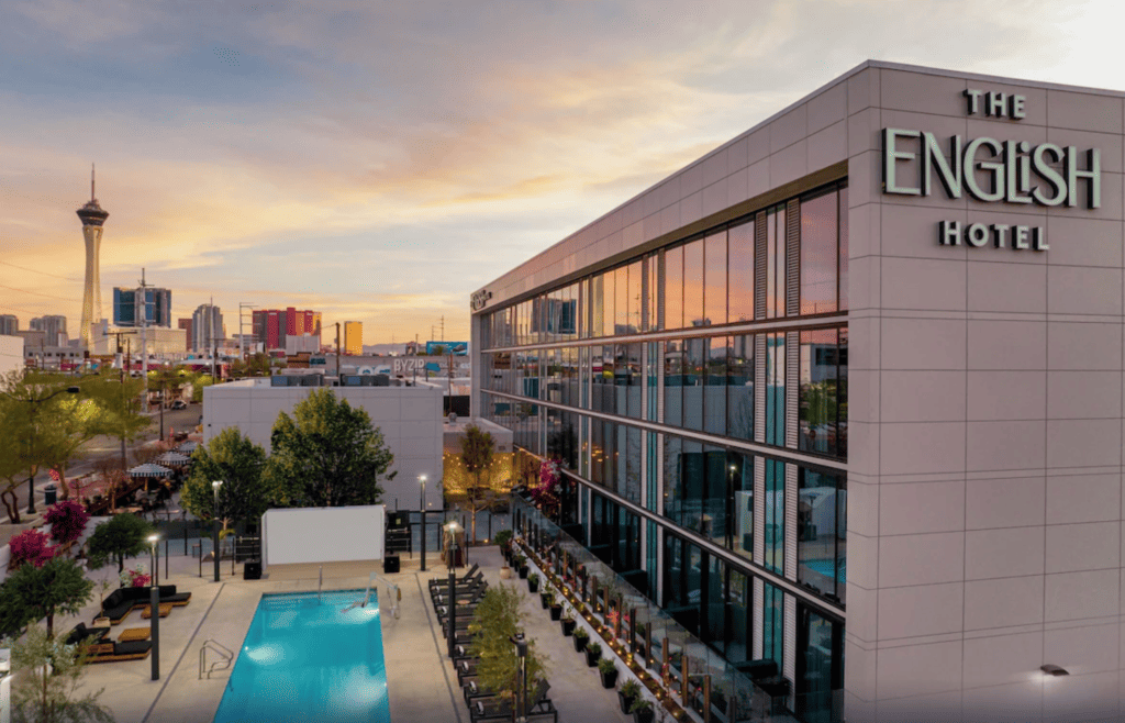 The English Hotel building and pool, one of the best Fremont Street Hotels.