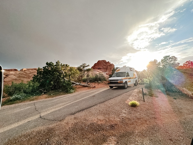 Rented van camping in Arches National Park, one of our favorite national parks in Utah