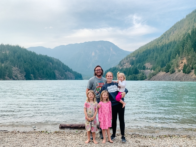 My family at the shoreline of Diablo Lake in North Cascades National Park