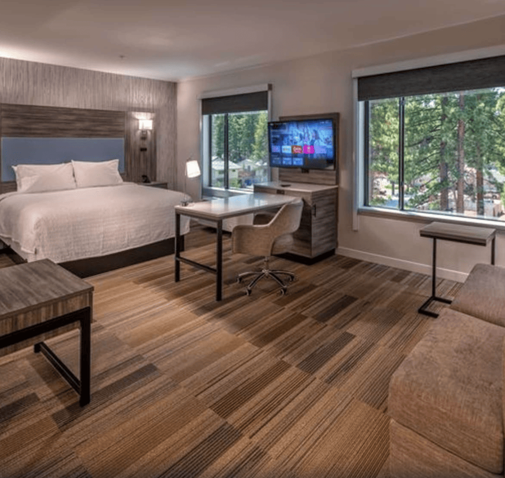 Staying room at Hampton Inn & Suites South Lake Tahoe, a great place to stay while exploring things to do in South Lake Tahoe.