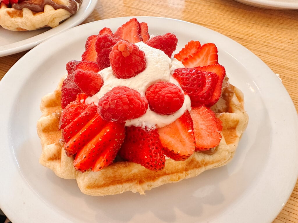 A waffle covered in whipped cream and berries from Waffle Love, one of the best Boise restaurants.