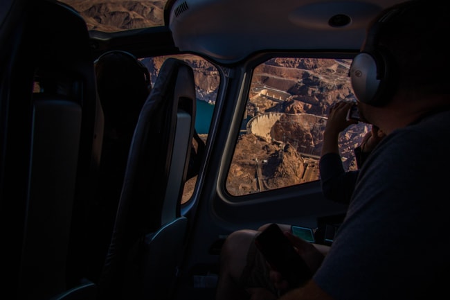 View of the Hoover Dam from a helicopter