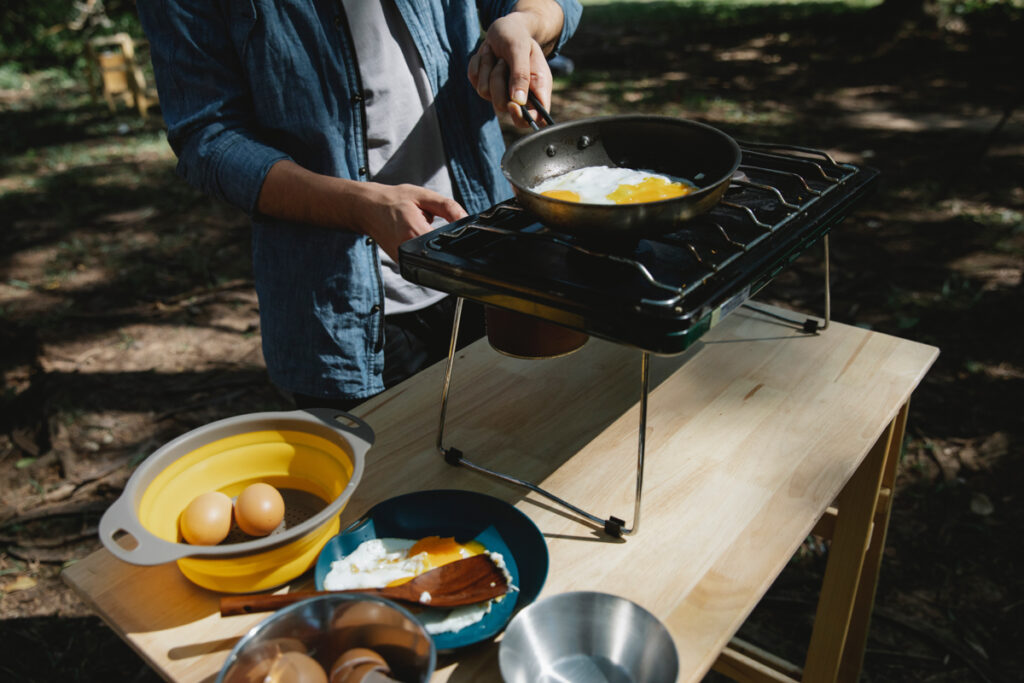 Camping dishes used to make breakfast on a camping trip
