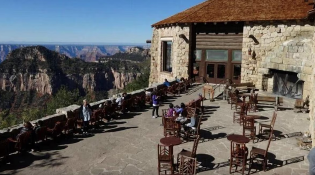 Terrace area with view of the Grand Canyon at Grand Canyon Lodge - North Rim, a great place to stay when traveling from Las Vegas to the Grand Canyon.