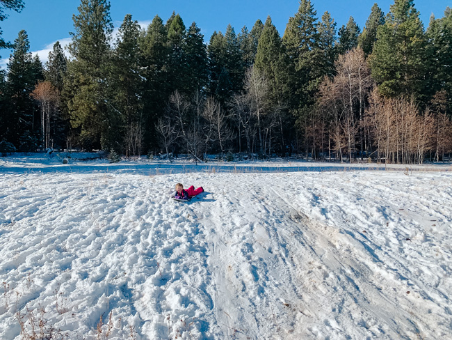 Child on a sled in a snowy clearing.