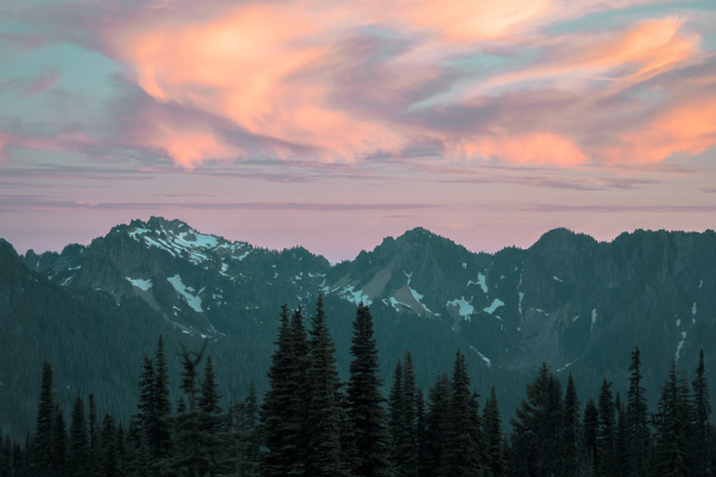 Colorful sky behind Mount Rainier.