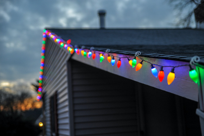 A string of lights on a house in Seattle in December.
