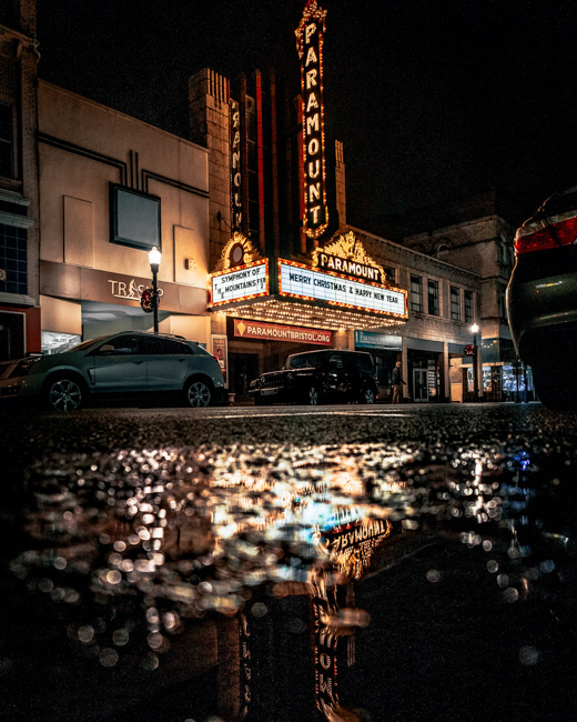 Street and front entry into Paramount Theater.