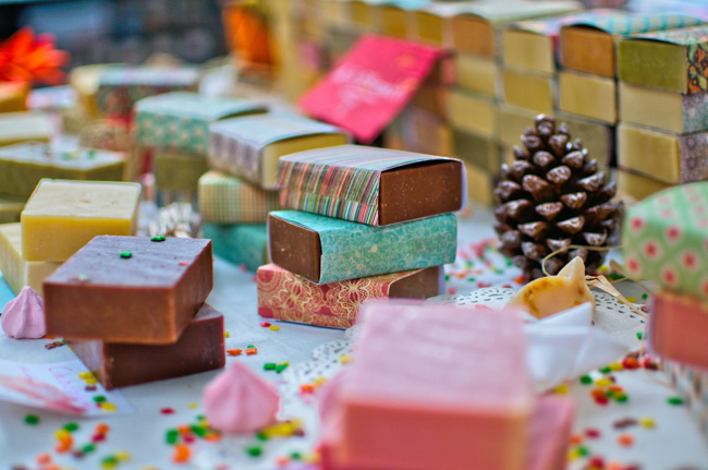 Holiday crafts on a table top.