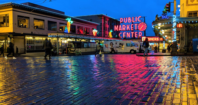 Pike Place Market decorated for the holidays.