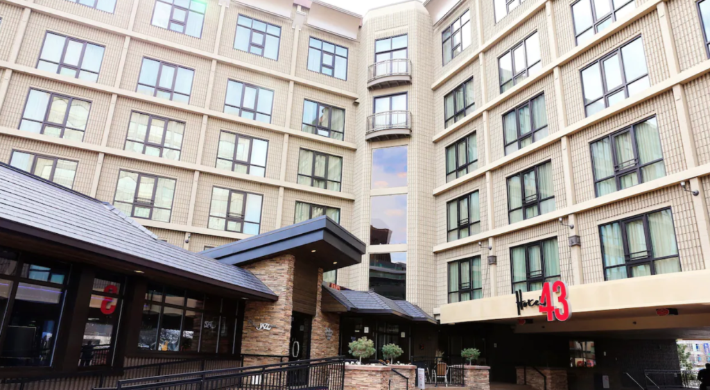 Exterior entrance to Hotel 43, one of the best places to stay when exploring things to do in Boise.