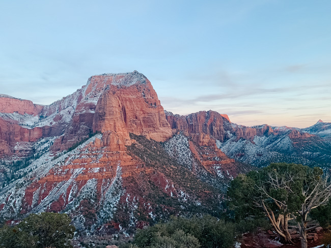 View of snowy mountains in Kolob Canyon in Zion National Park in December