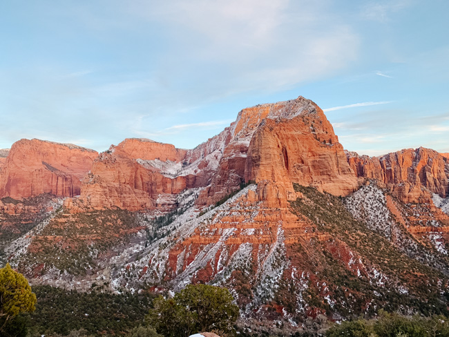Snow on the mountains in Zion National Park