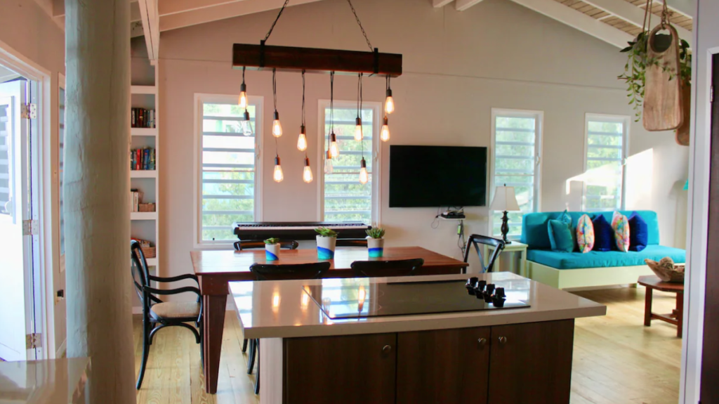Living and dining area at a beachfront villa.