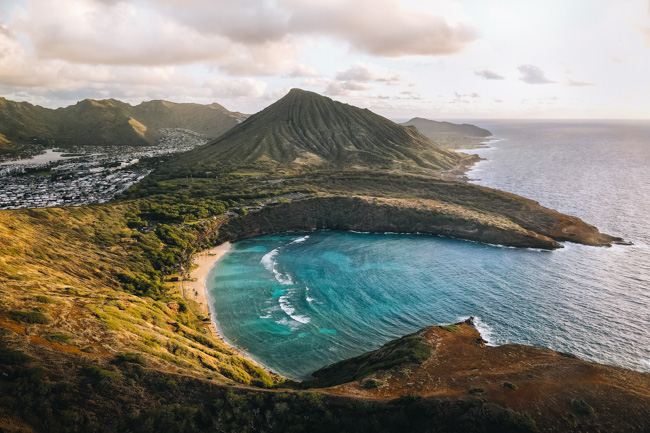 Aerial view of mountains and bay in Oahu.