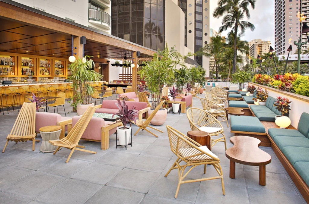 Terrace area at Laylow in Honolulu.