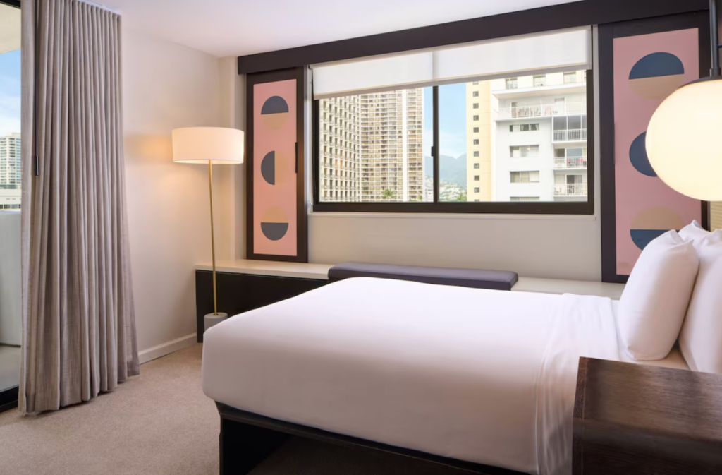 A staying room at Hotel Renew, a great place to stay when vacationing to Oahu in January.