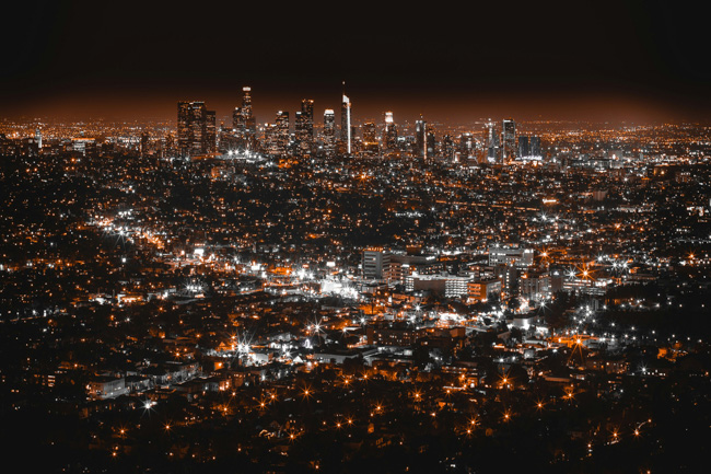 Los Angeles city lights and skyline at night.