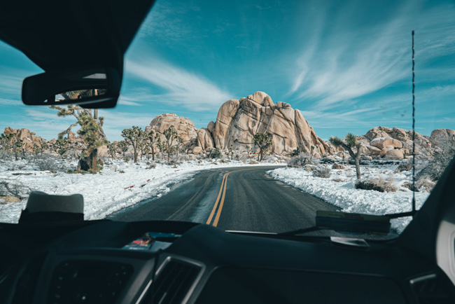 Snowy Joshua Tree National Park, one of the best places to visit in California in winter.