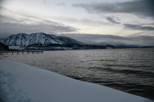 Snow at a lake in California.